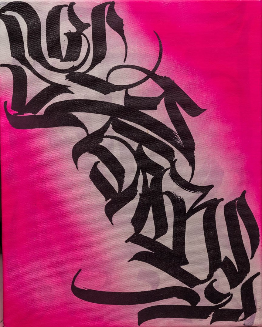 Original dark calligraphy painting on hot pink canvas, on view at Subleink Tattoo Shop Art Gallery, Panama City