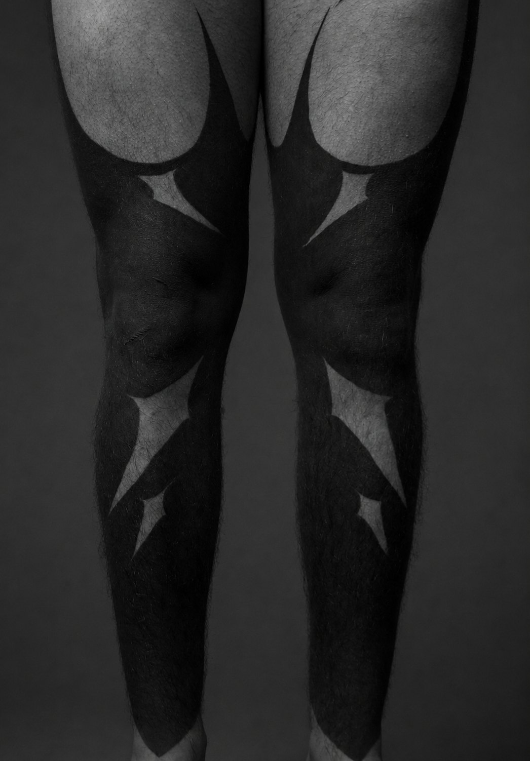 Freehand blackout leg tattoo, front view, Subleink Tattoo Shop Art Gallery, Panama City